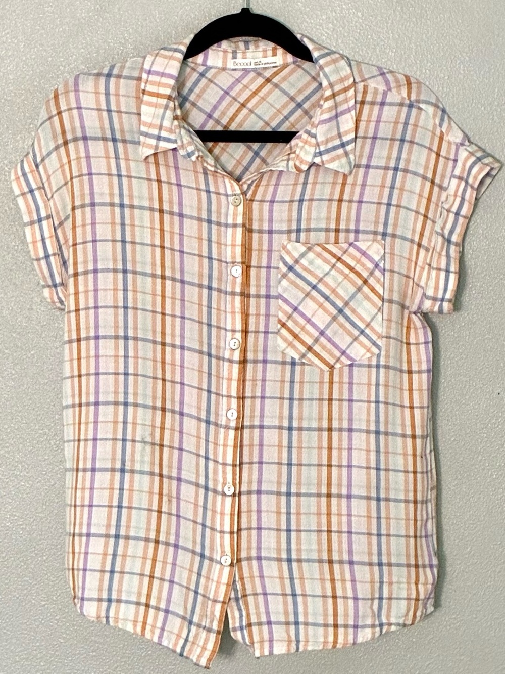 Be Cool Plaid Button Up Shirt Women’s M Pastel Lightweight Short Sleeve Pocket